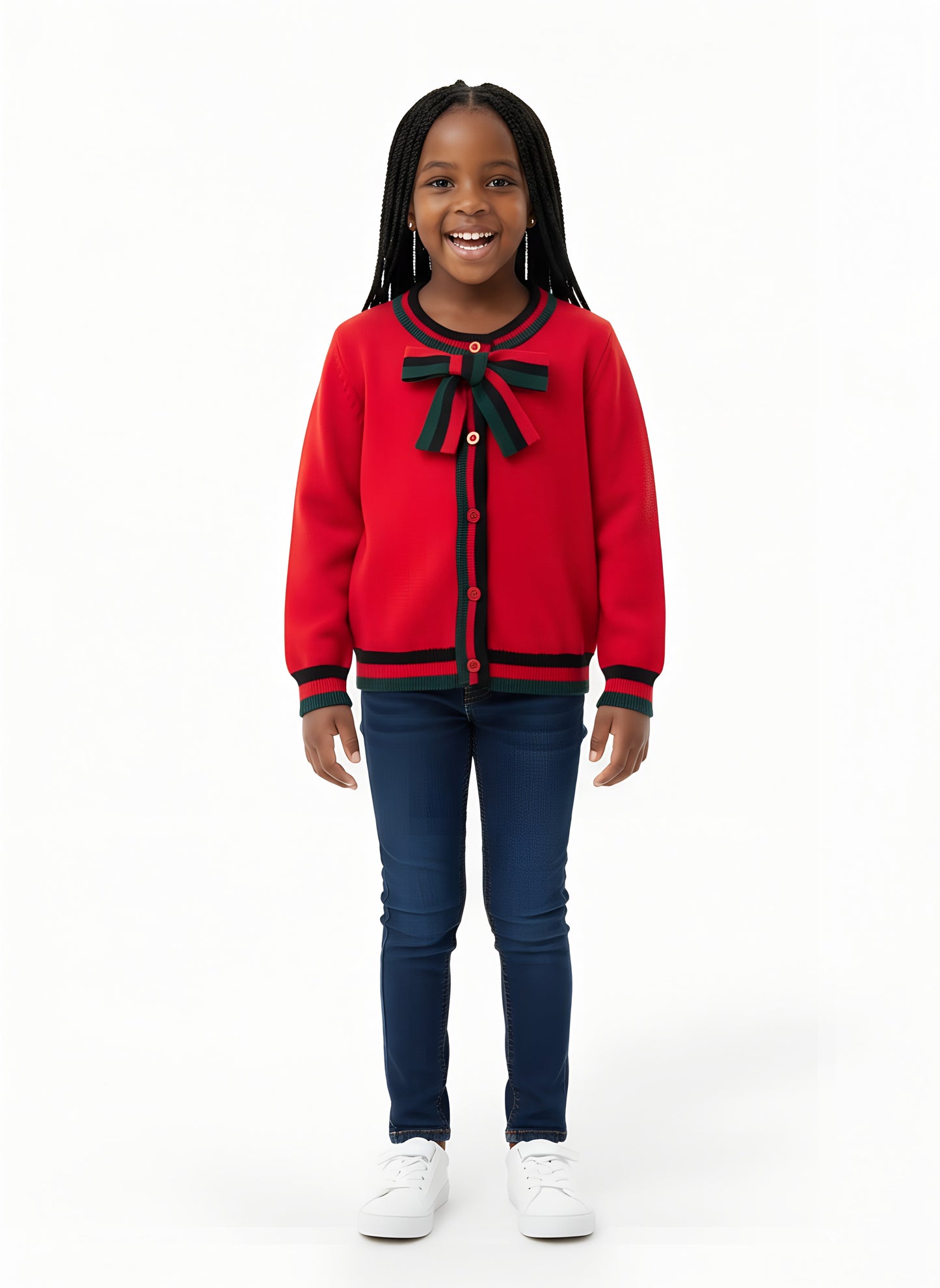 Girls’ Knitted Sweater with Bow Tie Stripes | Sizes 7–15 Years | Red, Grey & Dark Blue