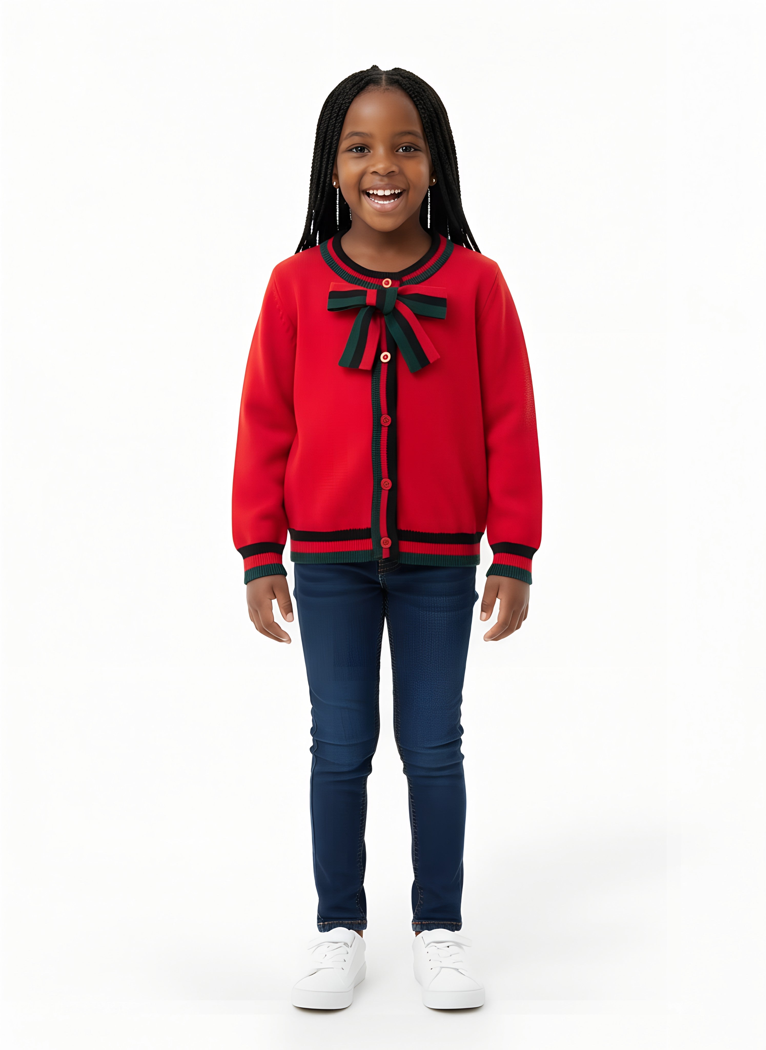 Girls’ Knitted Sweater with Bow Tie Stripes | Sizes 7–15 Years | Red, Grey & Dark Blue