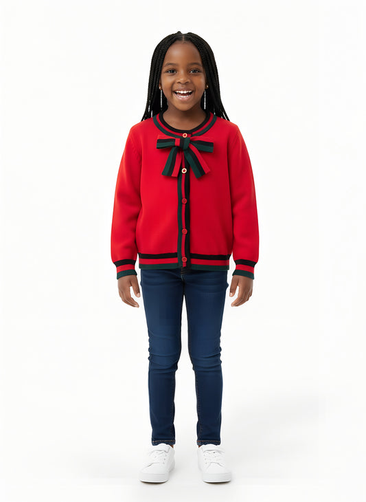 Girls’ Knitted Sweater with Bow Tie Stripes | Sizes 7–15 Years | Red, Grey & Dark Blue
