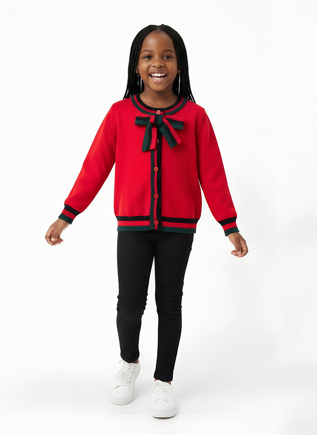 Girls’ Knitted Sweater with Bow Tie Stripes | Sizes 7–15 Years | Red, Grey & Dark Blue