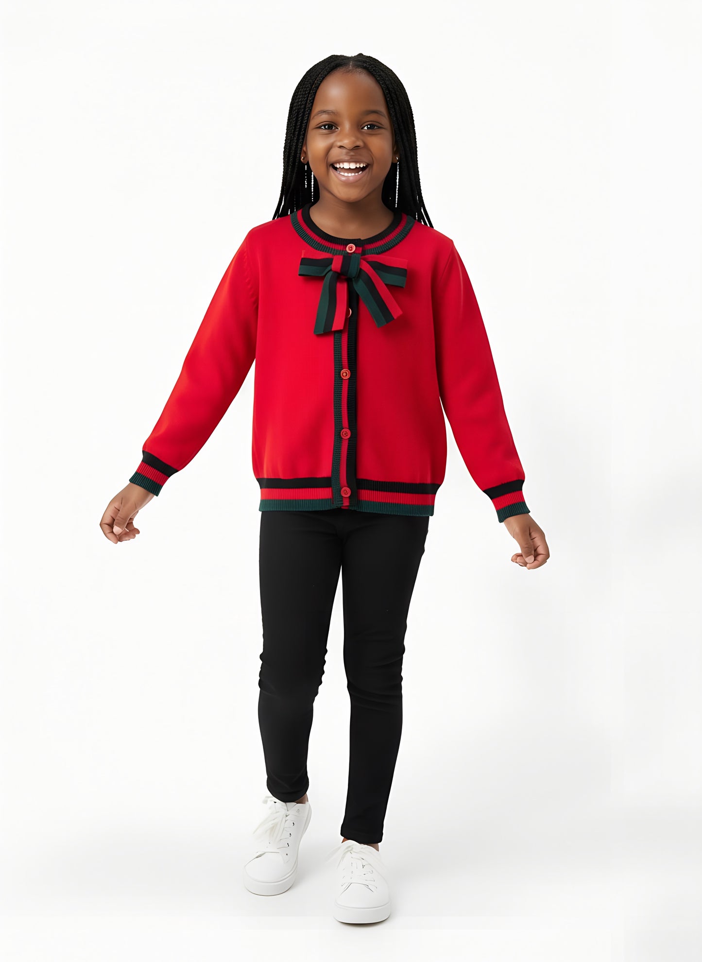 Girls’ Knitted Sweater with Bow Tie Stripes | Sizes 7–15 Years | Red, Grey & Dark Blue