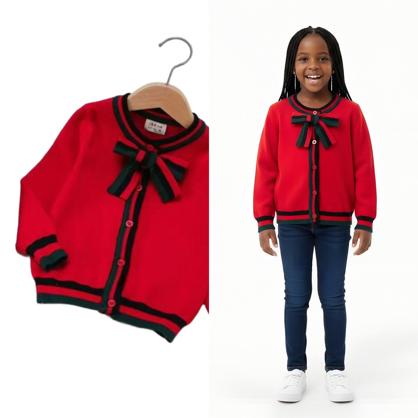 Girls’ Knitted Sweater with Bow Tie Stripes | Sizes 7–15 Years | Red, Grey & Dark Blue