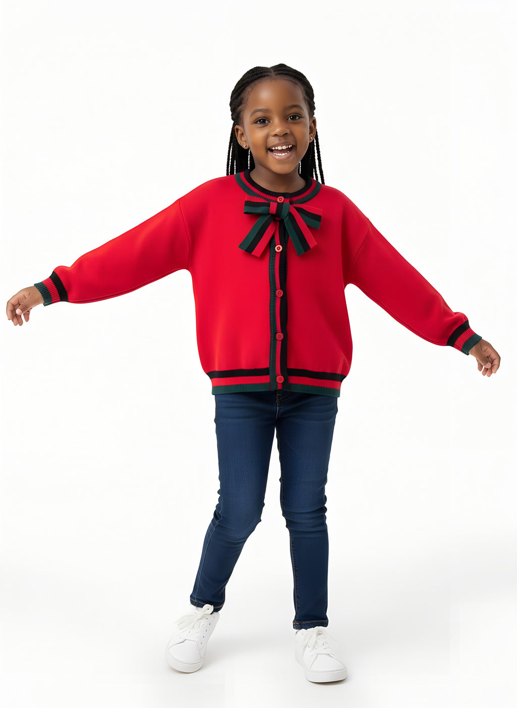 Girls’ Knitted Sweater with Bow Tie Stripes | Sizes 7–15 Years | Red, Grey & Dark Blue