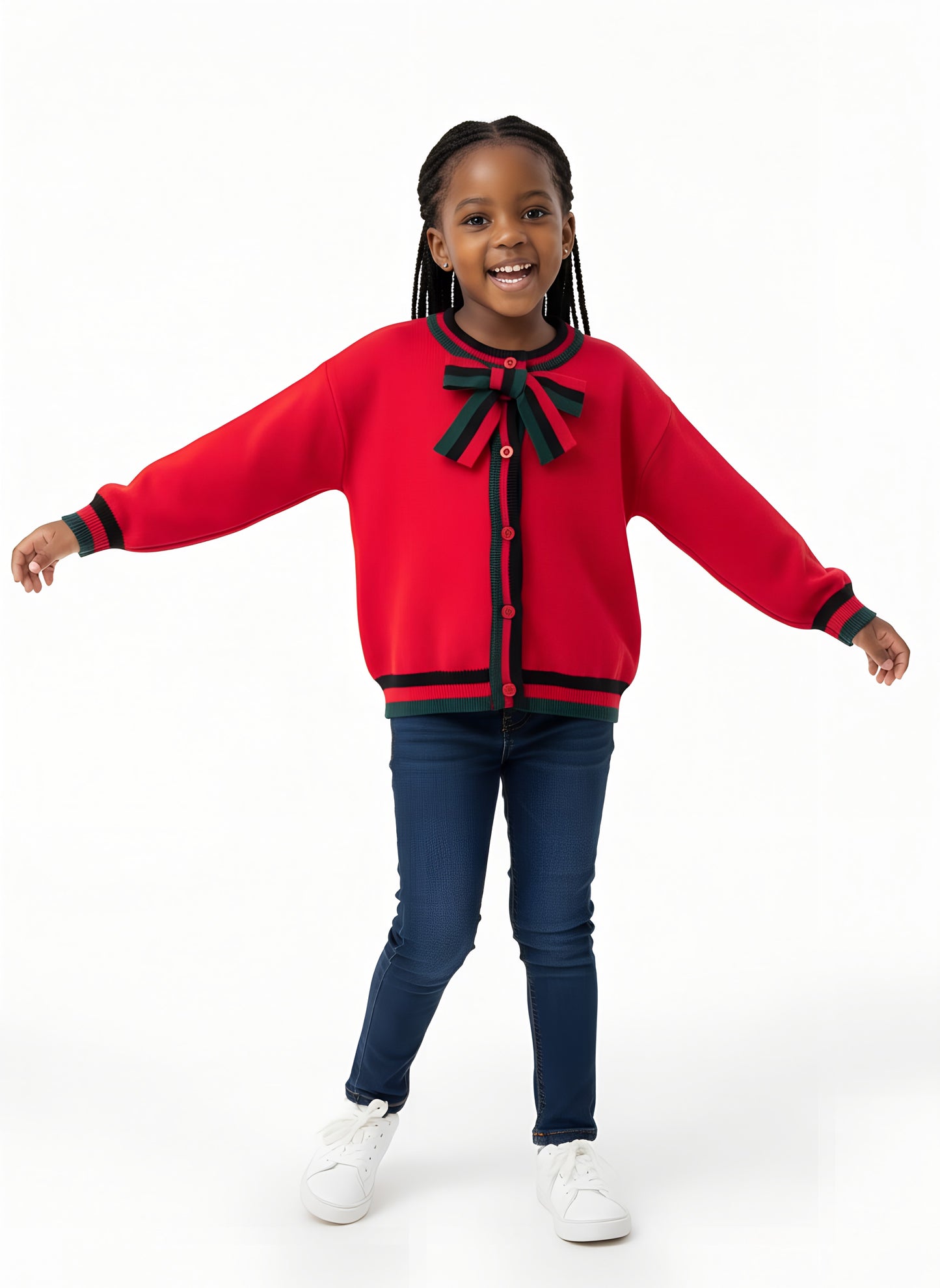 Girls’ Knitted Sweater with Bow Tie Stripes | Sizes 7–15 Years | Red, Grey & Dark Blue