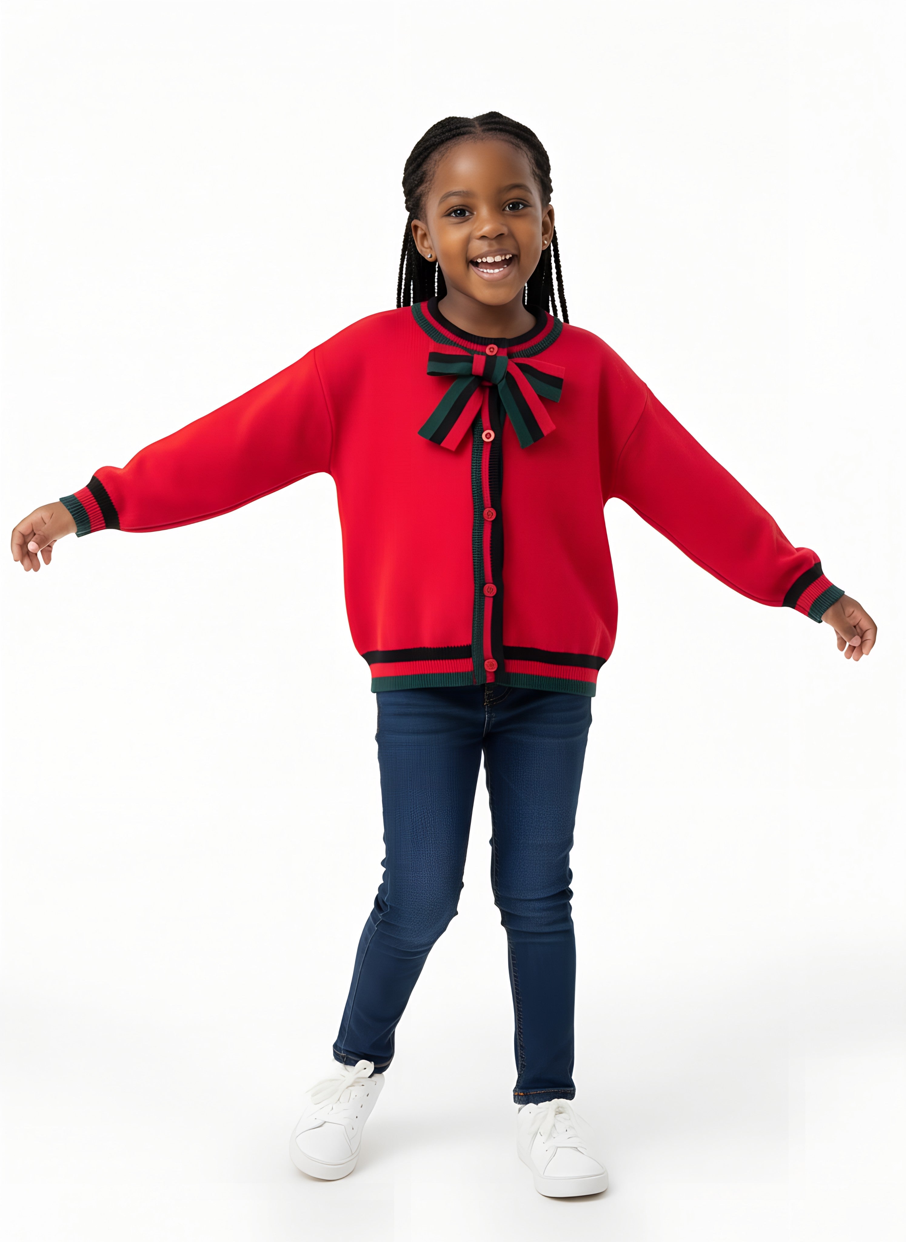Girls’ Knitted Sweater with Bow Tie Stripes | Sizes 7–15 Years | Red, Grey & Dark Blue
