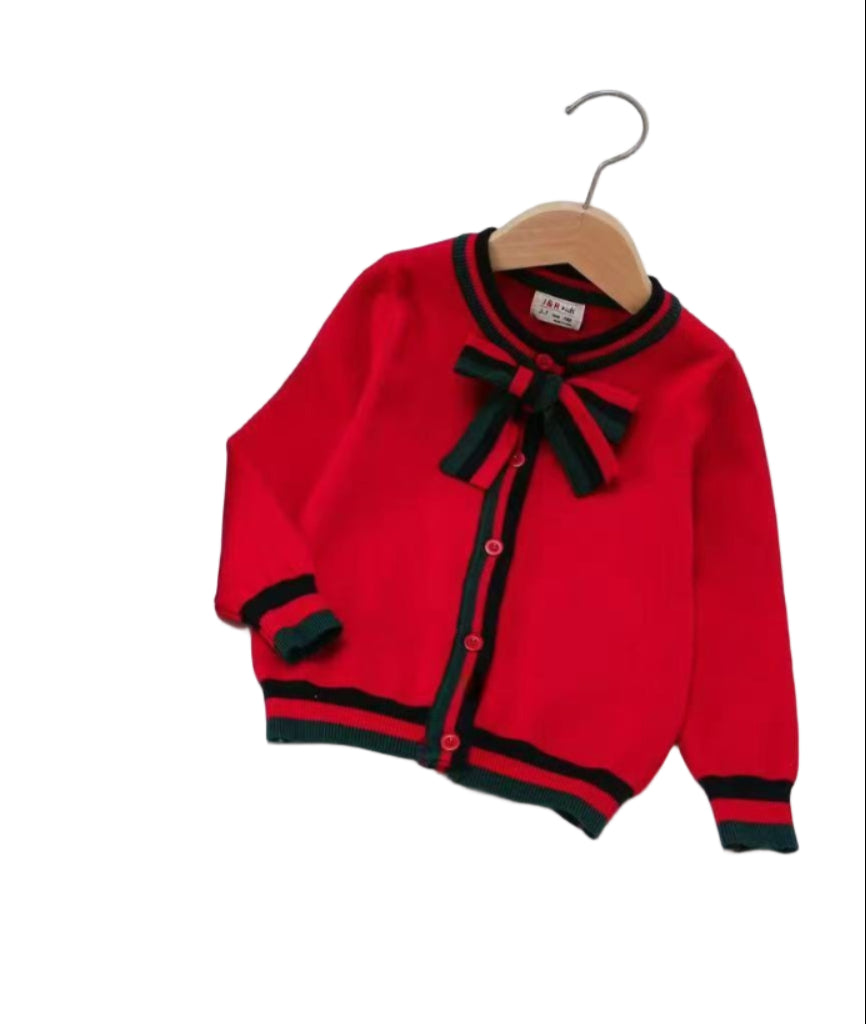 Red Girls’ Knitted Sweater with Bow Tie Stripes | Sizes 7–15 Years