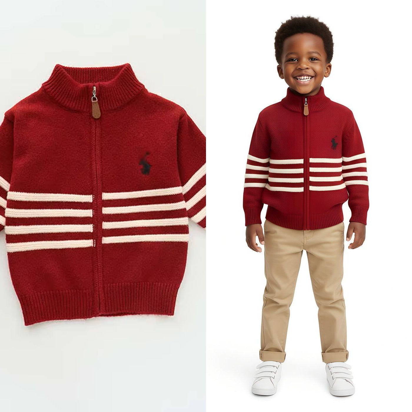 Kids High Quality Polo Sweaters with Stripes | Sizes 110–150 | Colors Red, Grey, Black, Cream, Brown