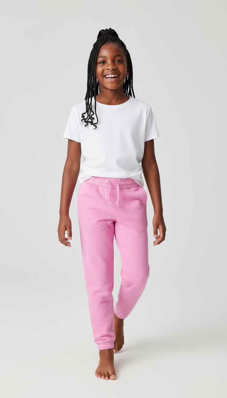 Plain Girls Sweatpants | Sizes 5-6 | White & Pink | Comfortable & Durable
