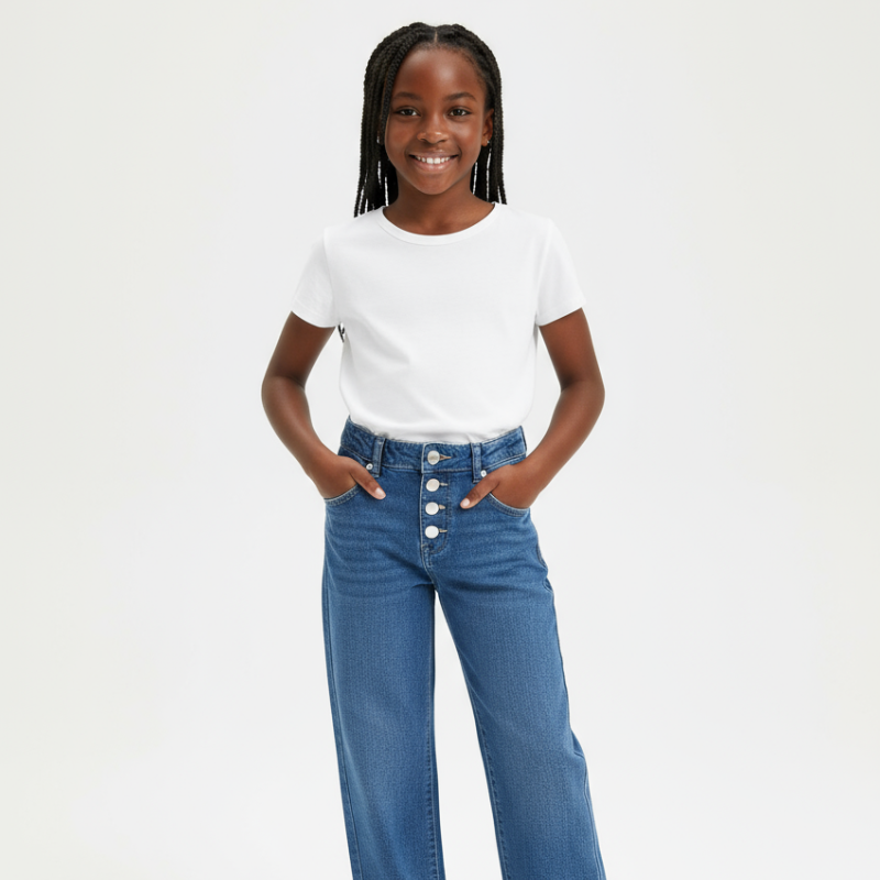 Button-Up Girls Denim Jeans | Stylish & Comfortable | Kids