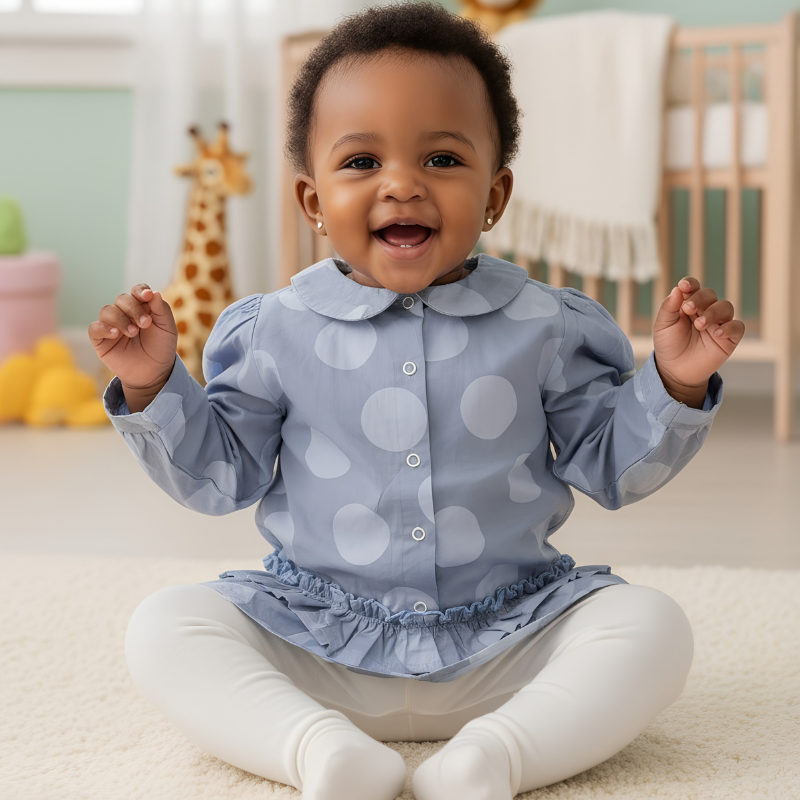 Light Blue with Circle Print  Girls Bodysuit Shirt | Soft Cotton | Sizes 0–6m