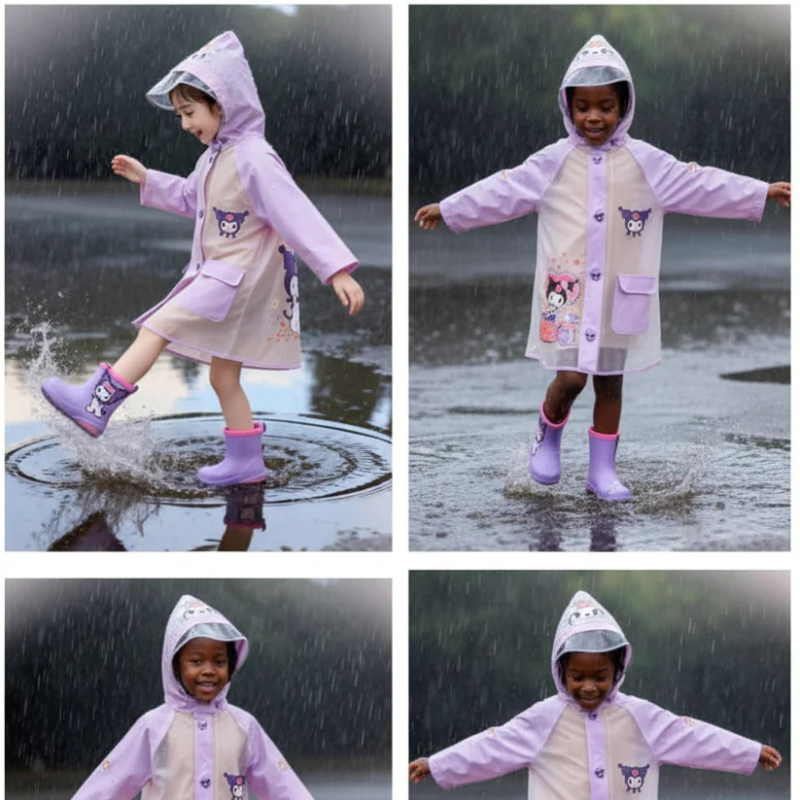 Kuromi Themed Purple Rain Jacket for Girls | Waterproof Kids Raincoat | Cute Feline Design