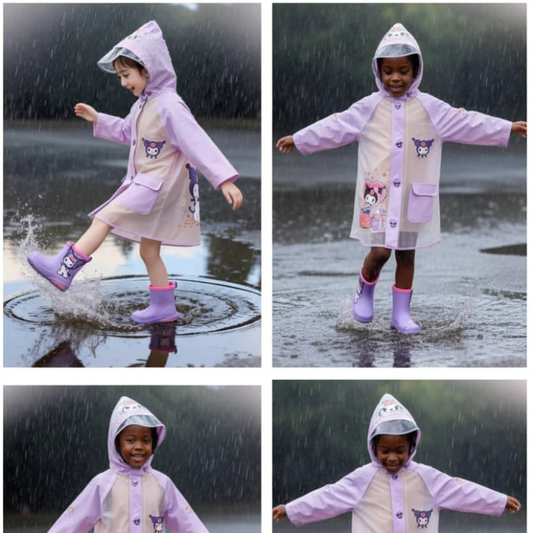 Kuromi Themed Purple Rain Jacket for Girls | Waterproof Kids Raincoat | Cute Feline Design