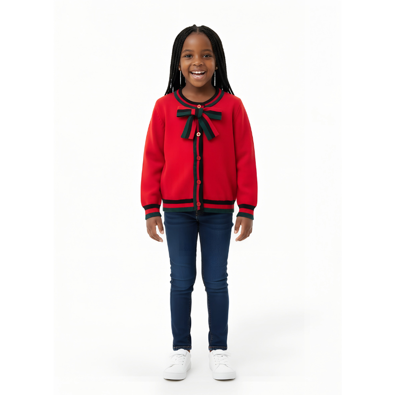 Girls’ Knitted Sweater with Bow Tie Stripes | Sizes 7–15 Years | Red, Grey & Dark Blue
