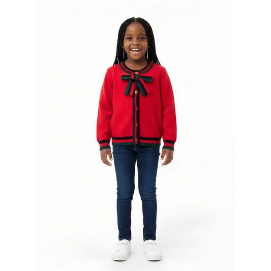 Girls’ Knitted Sweater with Bow Tie Stripes | Sizes 7–15 Years | Red, Grey & Dark Blue