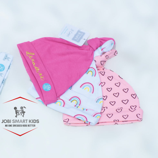 Baby Beanie Caps (3pcs) |Cotton | Newborn–6 Months | Rainbow Pink