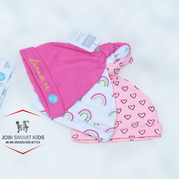 Baby Beanie Caps (3pcs) |Cotton | Newborn–6 Months | Rainbow Pink