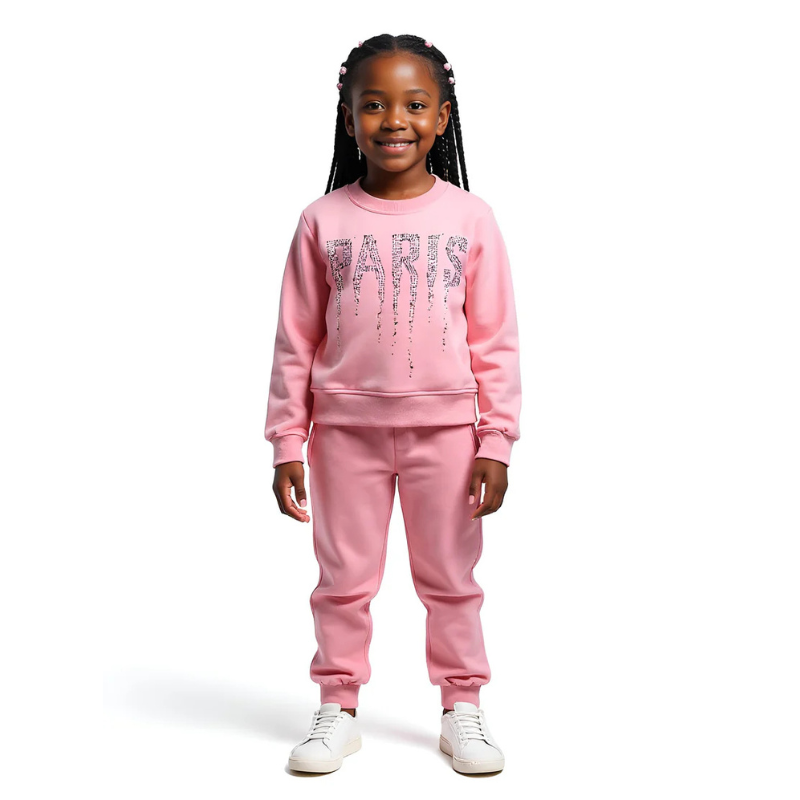 Paris Girls' Tracksuit |Pink, Black & Cream | 10-12Y