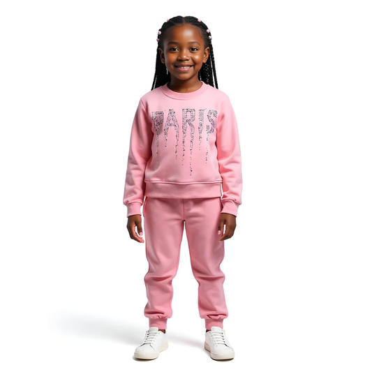 Paris Girls' Tracksuit |Pink, Black & Cream | 10-12Y