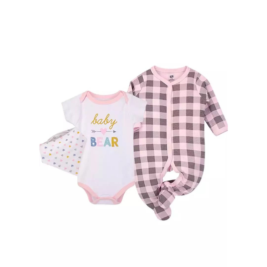 Hudson Baby Checkered Pink Baby Layette Set (3pcs) | 3–6M, 6–9M | Soft Cotton