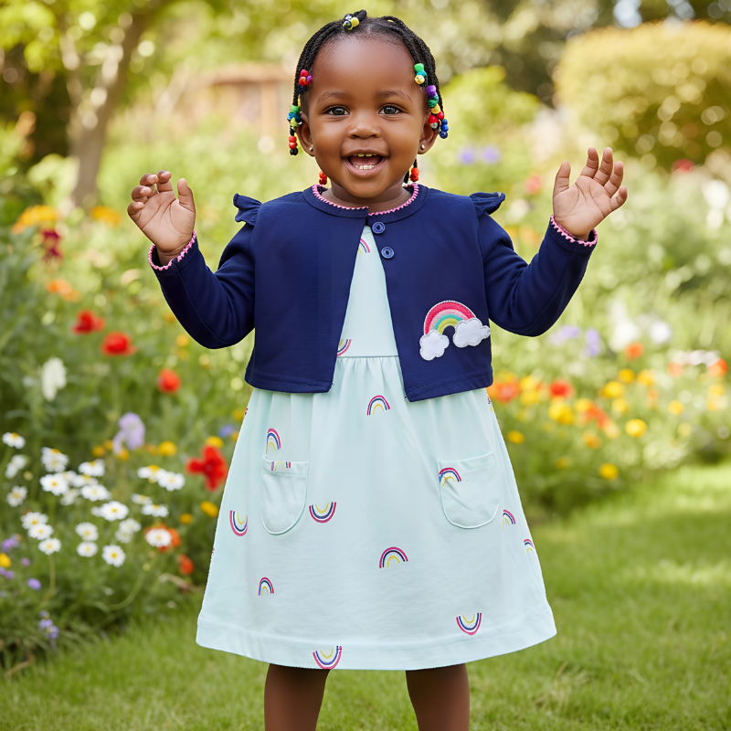 Premium Green Rainbow Baby Dress | Soft Cotton | Sizes 6–24m
