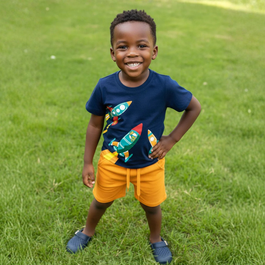 Rocket Orange & Blue Kids Short Set | Sizes 2–10 Years