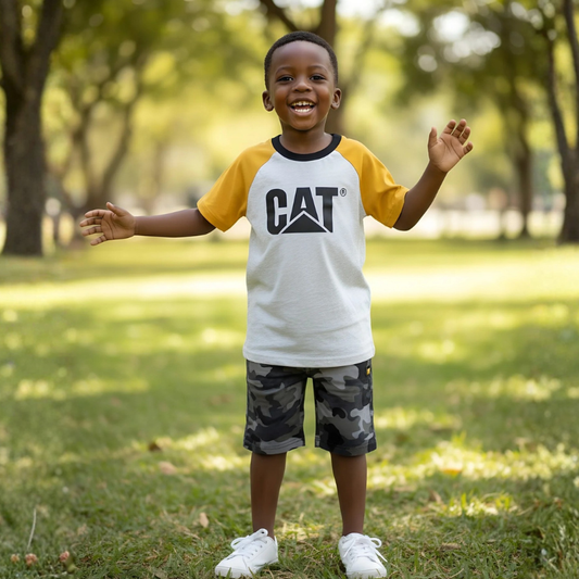 Two Piece CAT Shorts Set for Boys | Sizes: 24M, 2T, 3T | Top & Shorts
