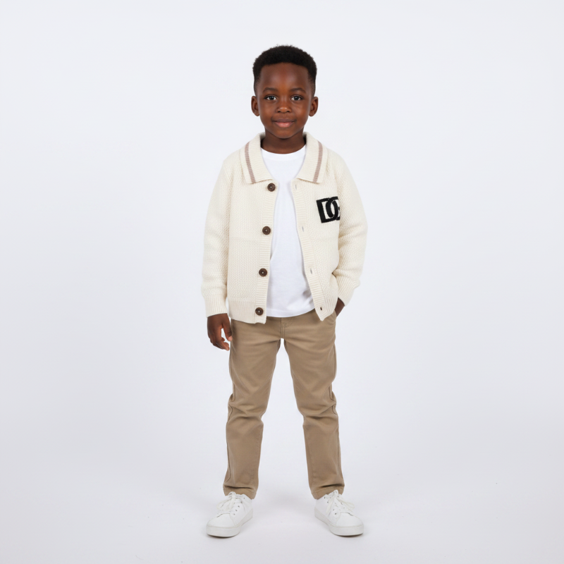 Cream-colored cardigan with a logo on a light gray background