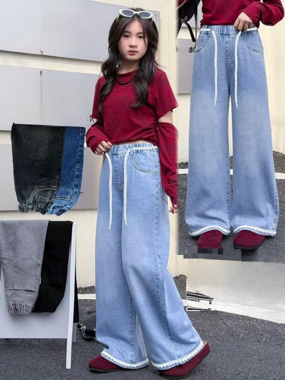 Girls Plain Flared Jeans | Retro Stretch Denim Pants for Kids | Comfortable Bootcut Jeans