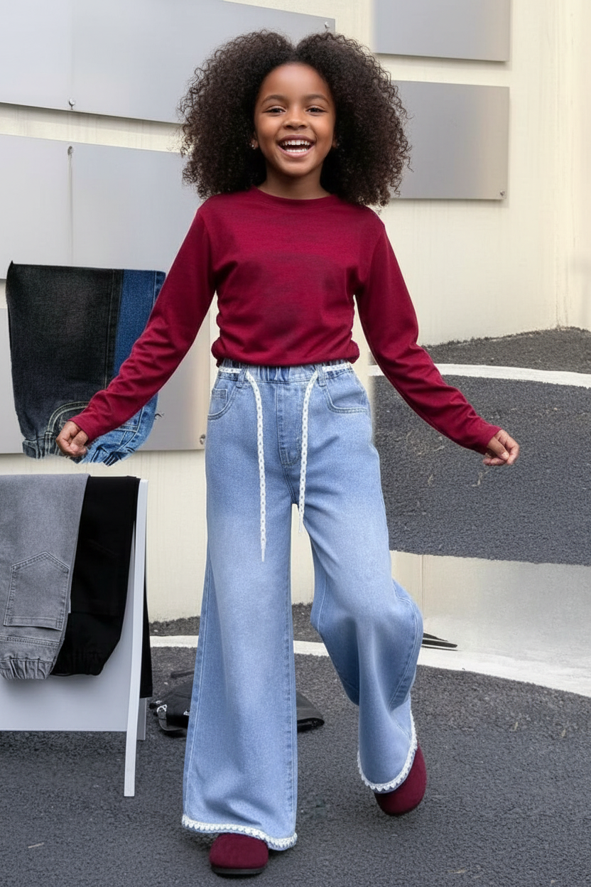 Girls Plain Flared Jeans | Retro Stretch Denim Pants for Kids | Comfortable Bootcut Jeans