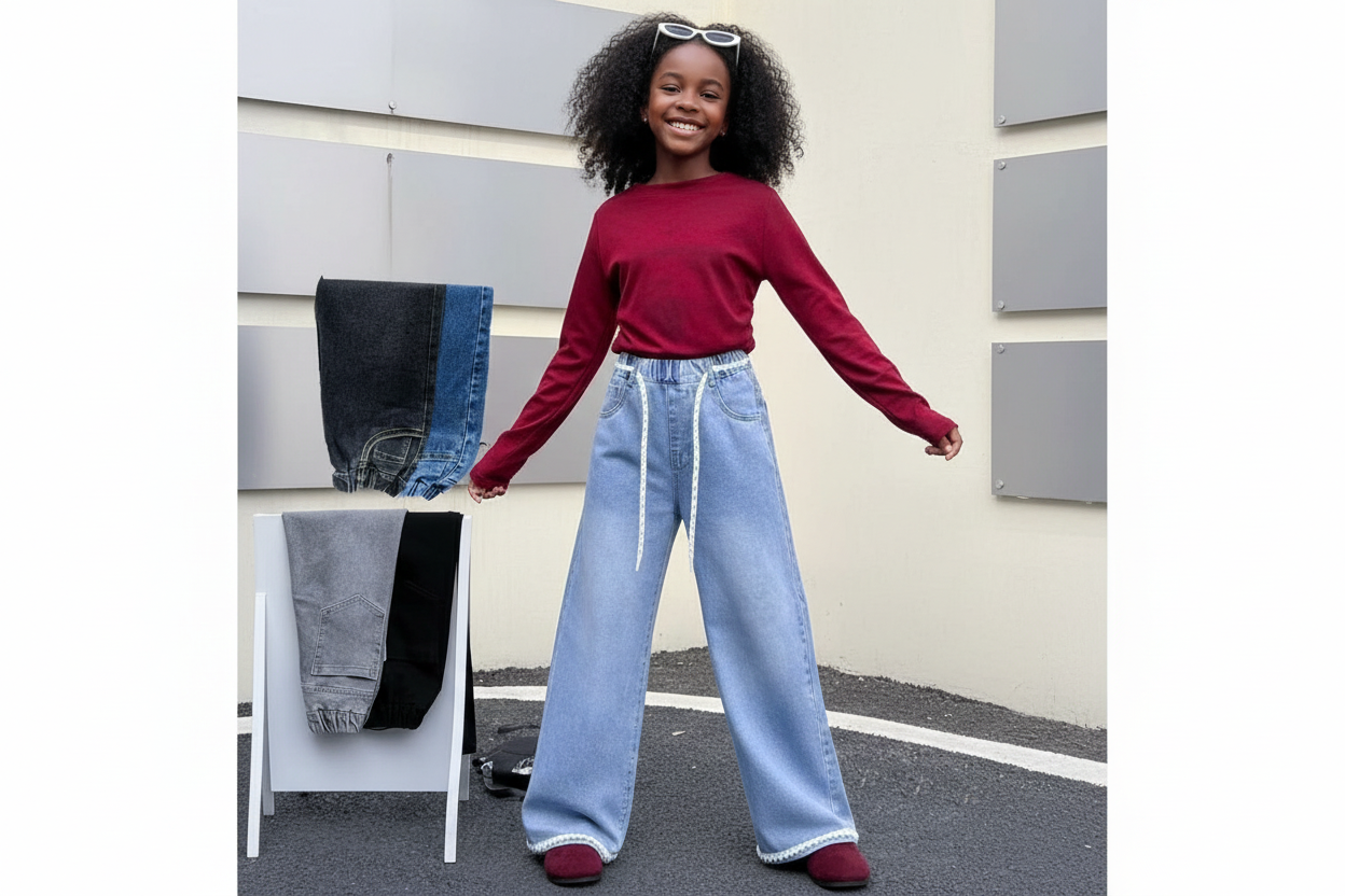 Girls Plain Flared Jeans | Retro Stretch Denim Pants for Kids | Comfortable Bootcut Jeans