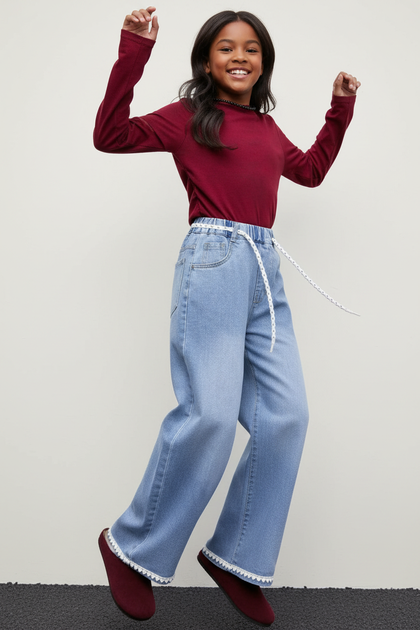 Girls Plain Flared Jeans | Retro Stretch Denim Pants for Kids | Comfortable Bootcut Jeans