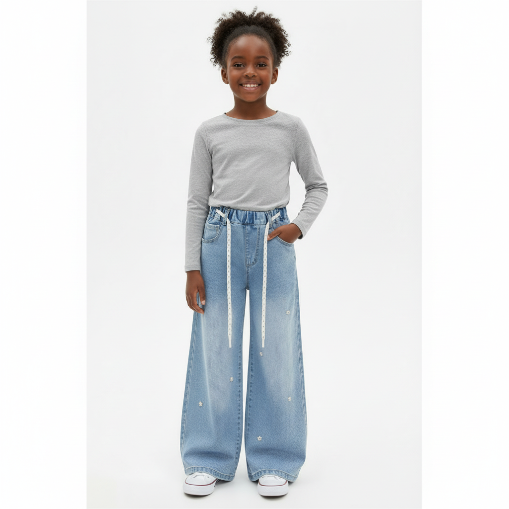 Floral Printed Girls Flared Jeans | Trendy Bootcut Denim for Kids | Comfortable Stretch Jeans