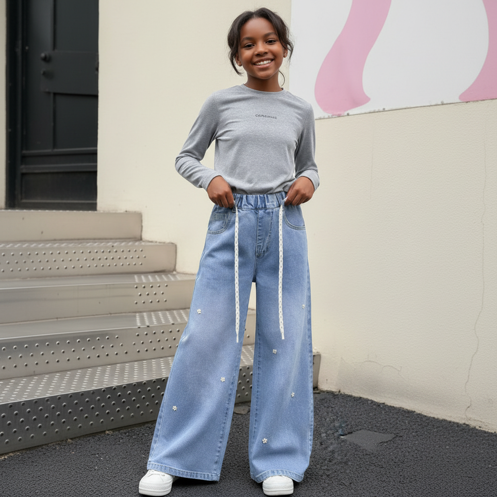 Floral Printed Girls Flared Jeans | Trendy Bootcut Denim for Kids | Comfortable Stretch Jeans