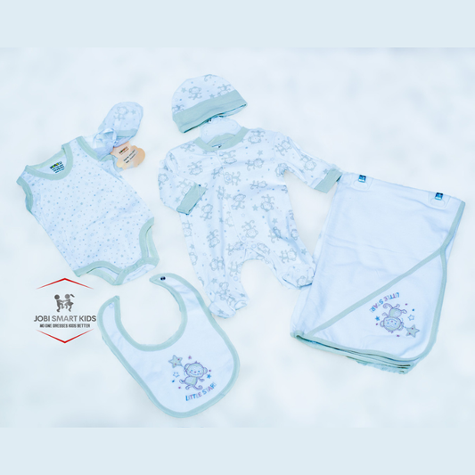 6 Piece Baby Essentials Set with Blanket | 100% Cotton | 0–3 Months