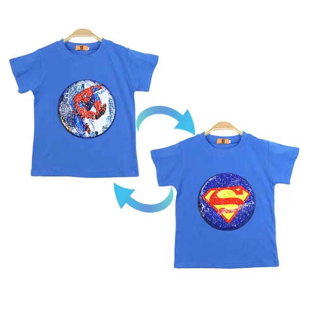 Blue Spider-Man/ Superman two-way boys t-shirt front side front side