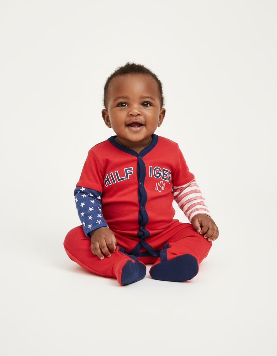 Red Hilfiger Baby Rompers | USA Flag Theme | 100% Cotton | Sizes 3–9m
