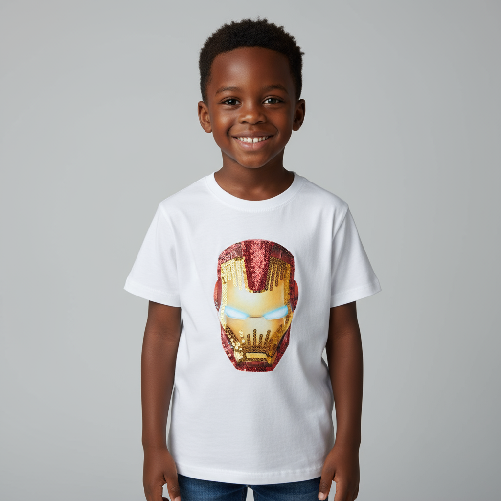 High Quality White Iron Man Themed Boys Sequin T-Shirts | Size 7–8 | Fun & Stylish