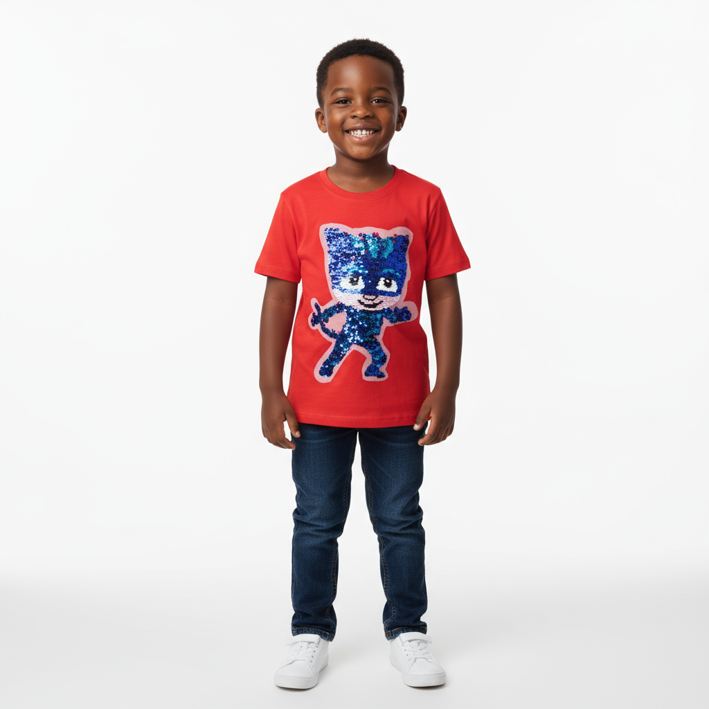 PJ Mask Boys’ Sequin Themed T-Shirt | Size 5–6 | Red Sparkle Fun