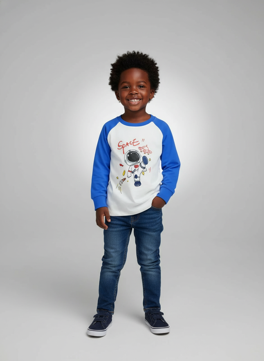 Space Boys’ Long Sleeve T-Shirts | Sizes 110–120 | Blue, White, Grey