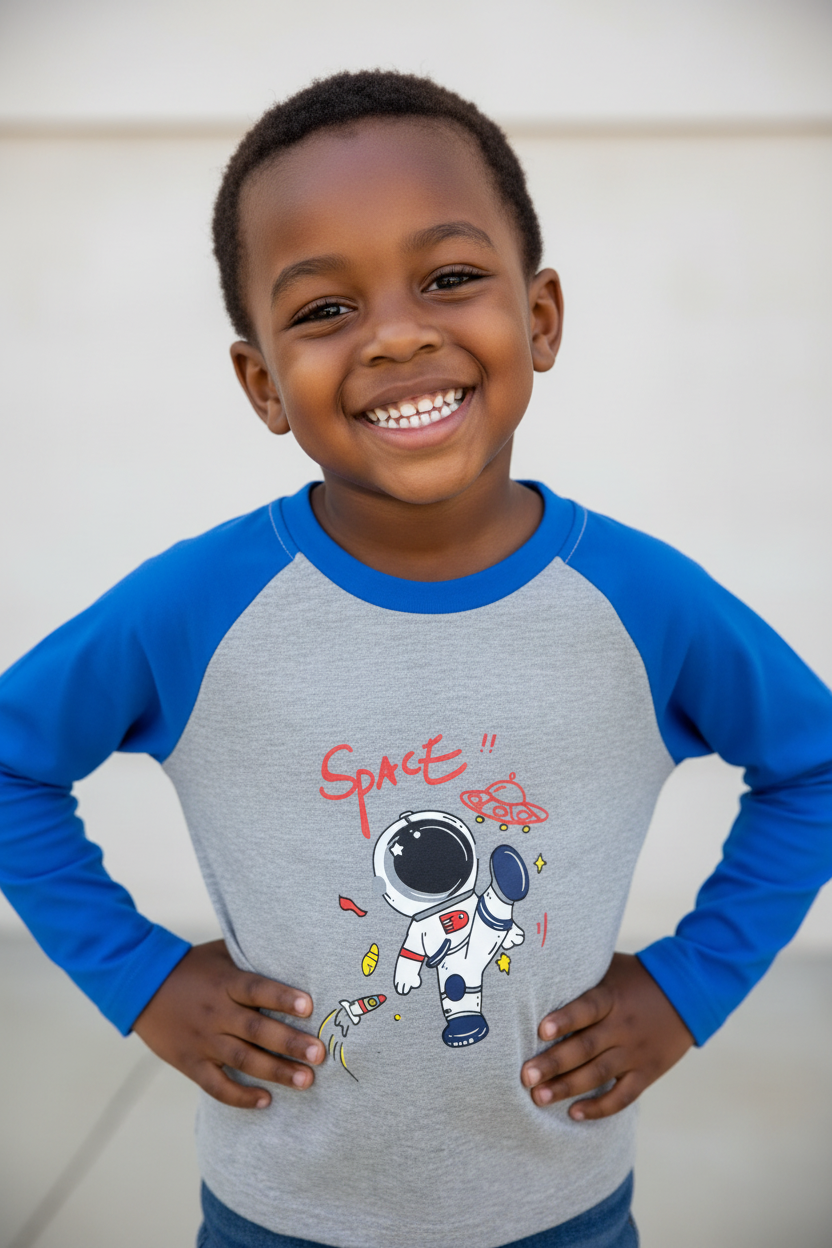 Space Boys’ Long Sleeve T-Shirts | Sizes 110–120 | Blue, White, Grey