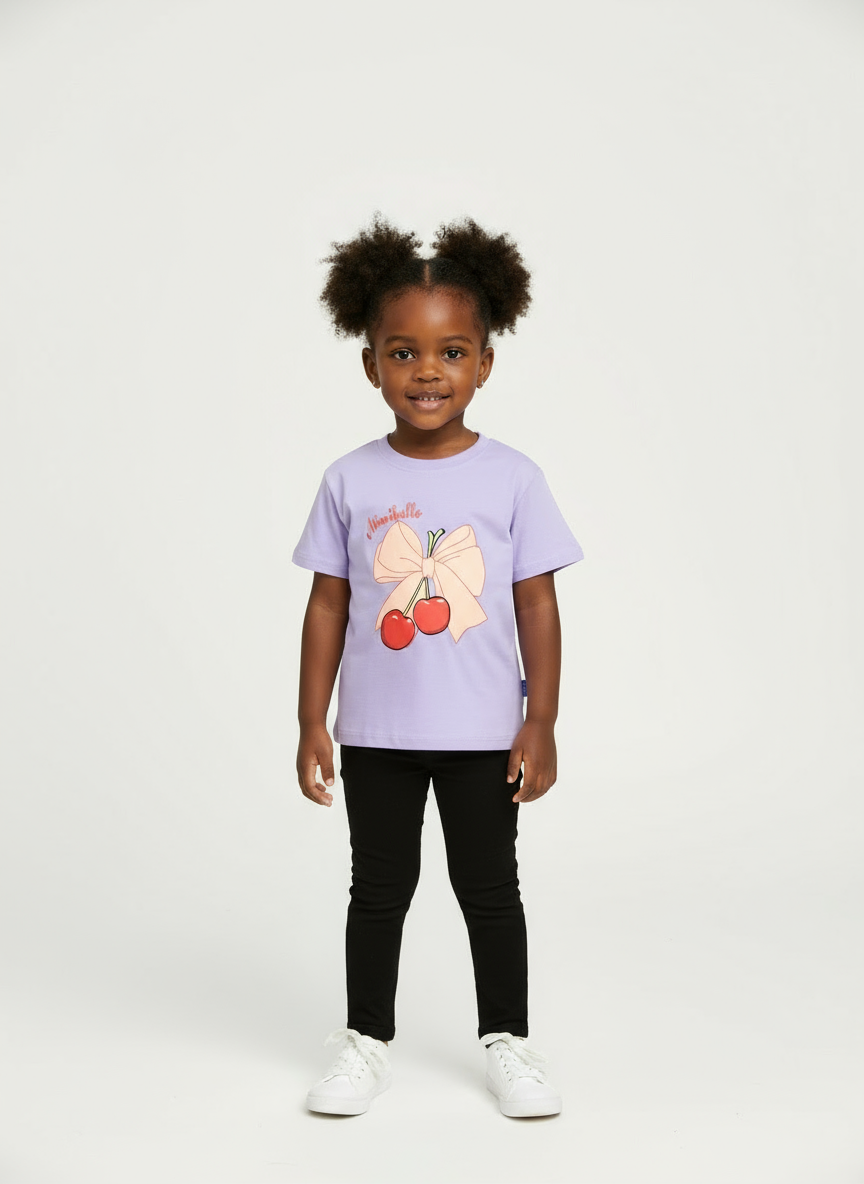Purple Cherry Short-Sleeved Girls T-Shirt | Size 4–5 yrs (110) | Cotton Comfort