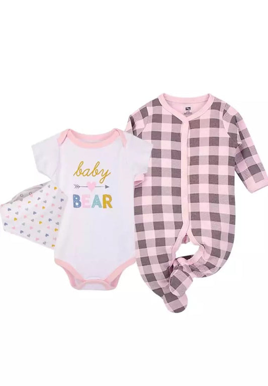 Hudson Baby Checkered pink Baby Layette set (3pcs)