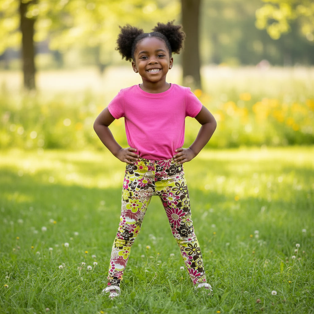 Retro Flower Print Girls Leggings | Stretchy Kids Tights | Ages 8–14 Years