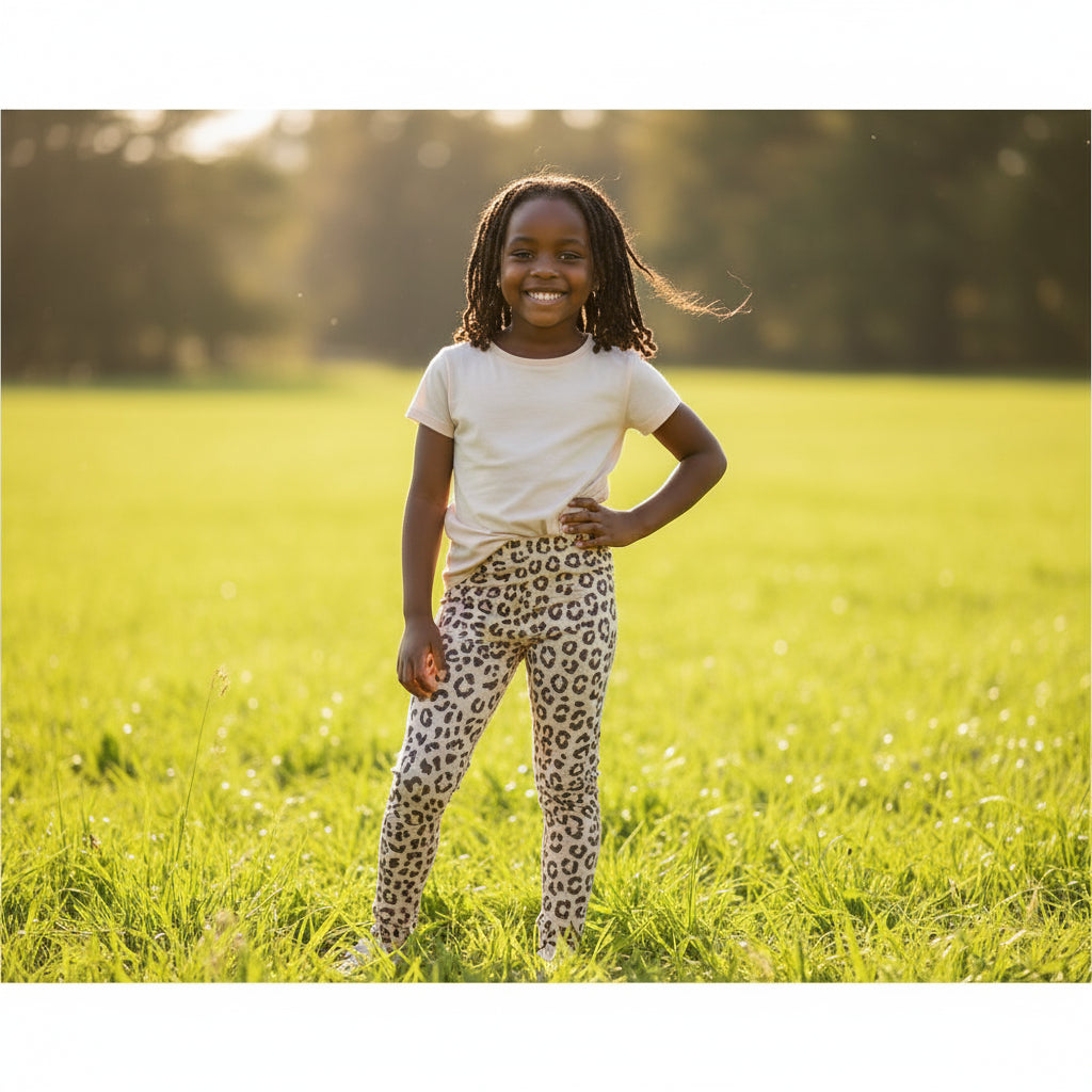 Cream Leopard Print Girls Tights | Ages 7–16 | Soft Stylish Kids Leggings
