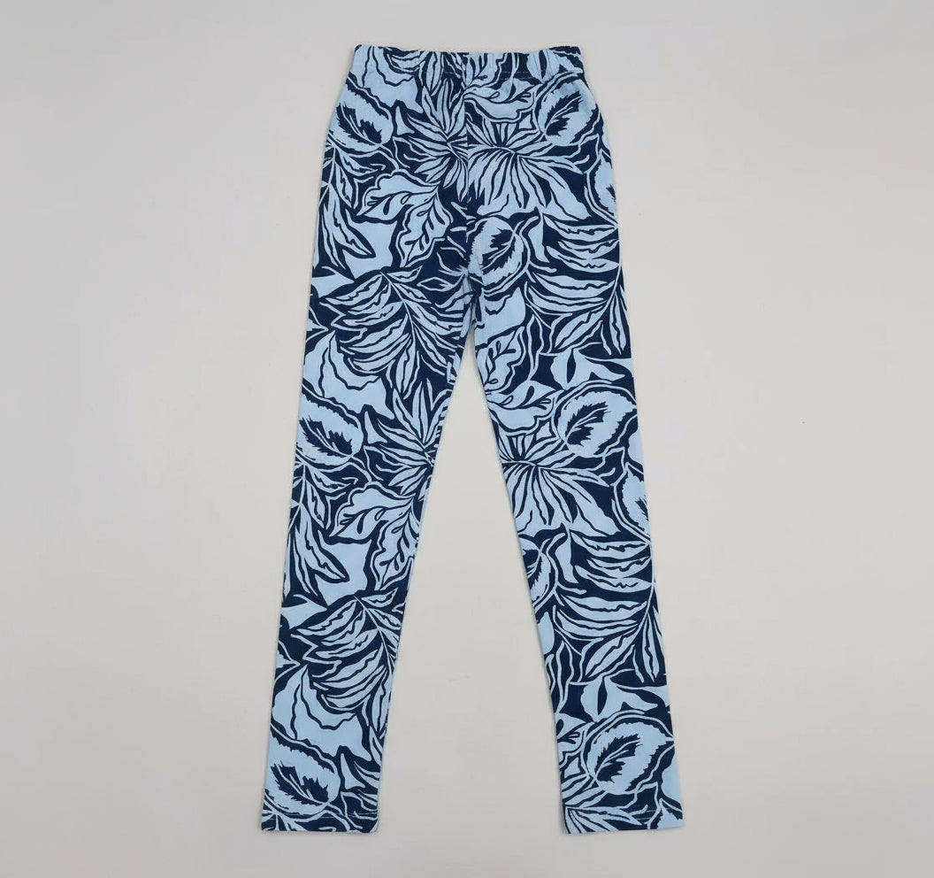Blue floral patterned leggings| Leaf Pattern Girls Tights | Ages 7–16 | Soft Stretchy Printed Kids Leggings