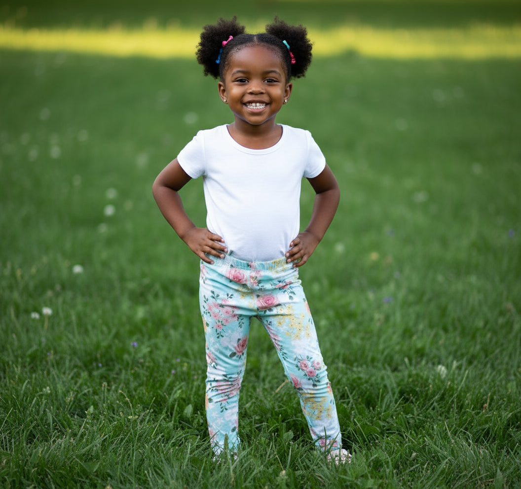 Floral-patterned leggings with a tag on a gray surface, next to a small toy.