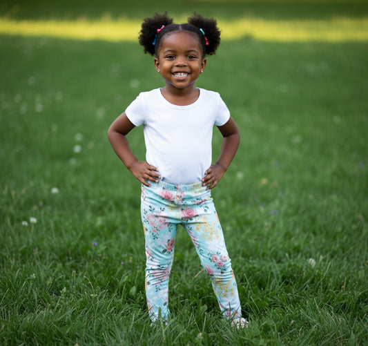Floral-patterned leggings with a tag on a gray surface, next to a small toy.