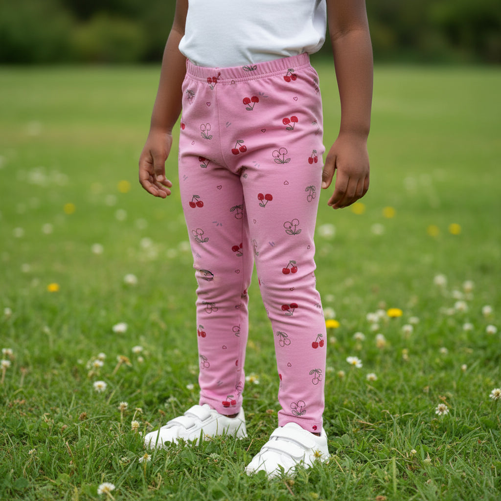 Pink leggings with cherry pattern on a gray textured surface