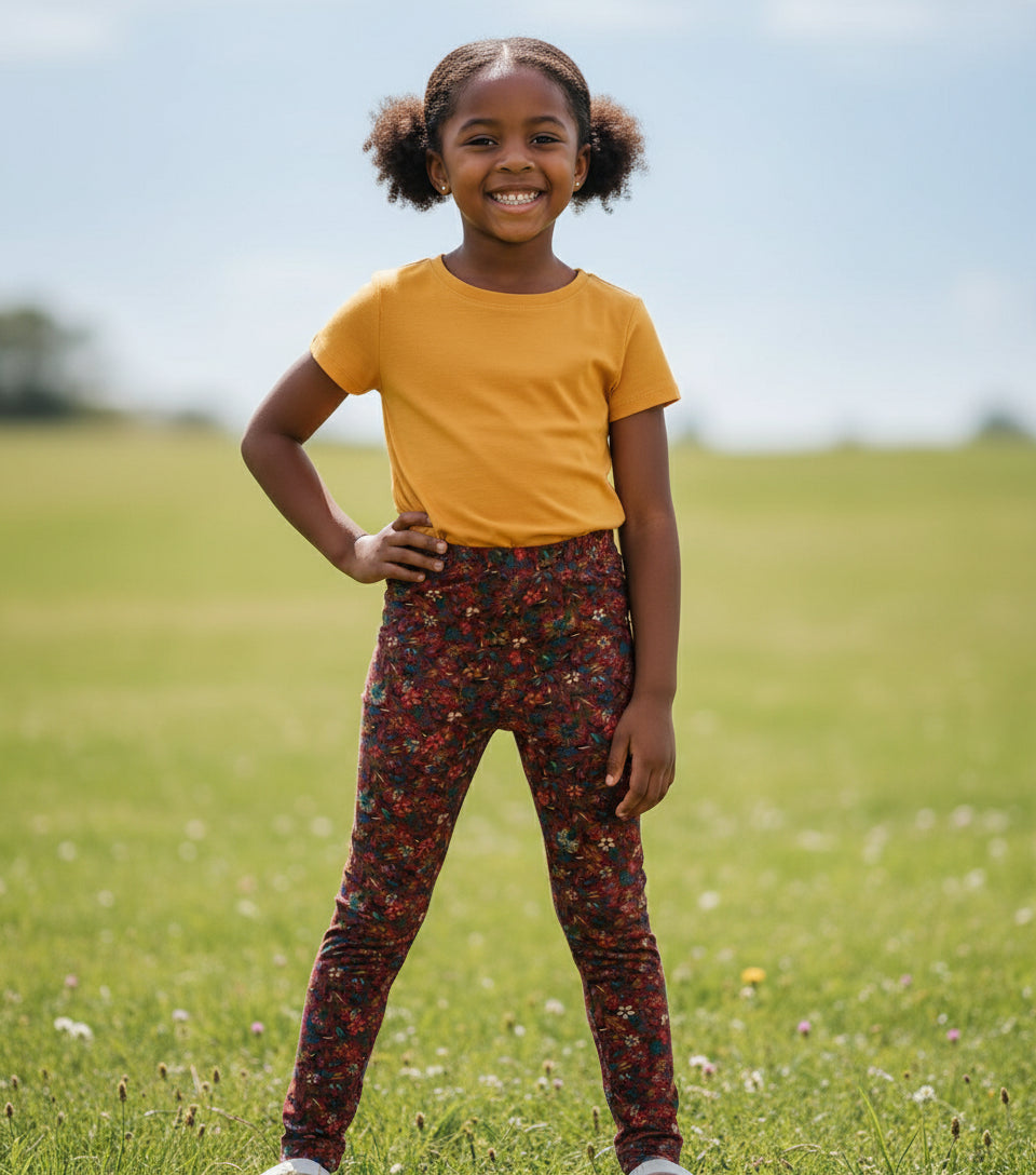 Floral-patterned pants on a fluffy white surface with a small toy and color swatches.