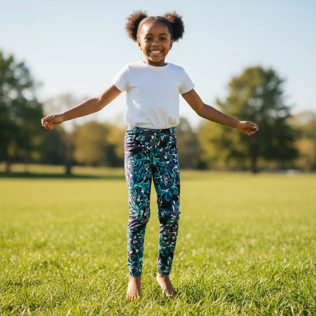 Girls Tropical Floral Leggings | Soft Stretch Pants | Ages 8–14 Years